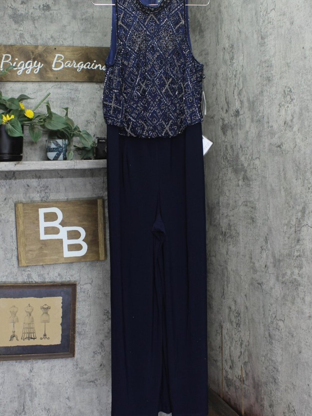 Adrianna Papell Navy Blue Adrianna Papell Beaded Sleeveless Wide Leg Sz BEADED